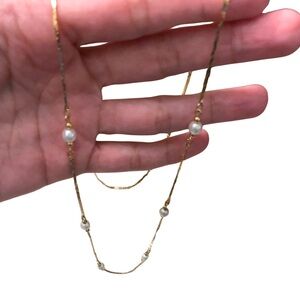 Vintage Korean Gold Tone Pearl Long Chain Necklace Fashion Jewelry Beads